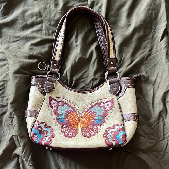 Handbags - Western Origin Butterfly Embroidered Boho Studded Faux Leather Shoulder Bag